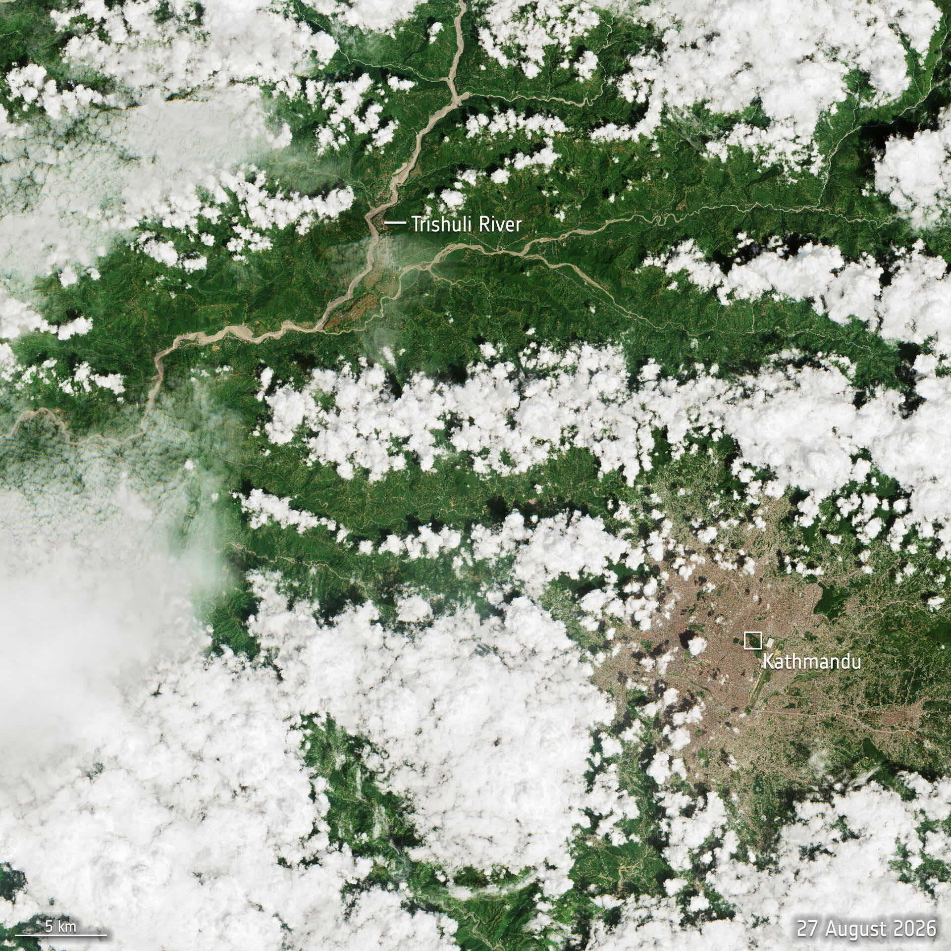 After the flood: the same area on 27 August 2026, with a wider muddy river corridor and different cloud cover.