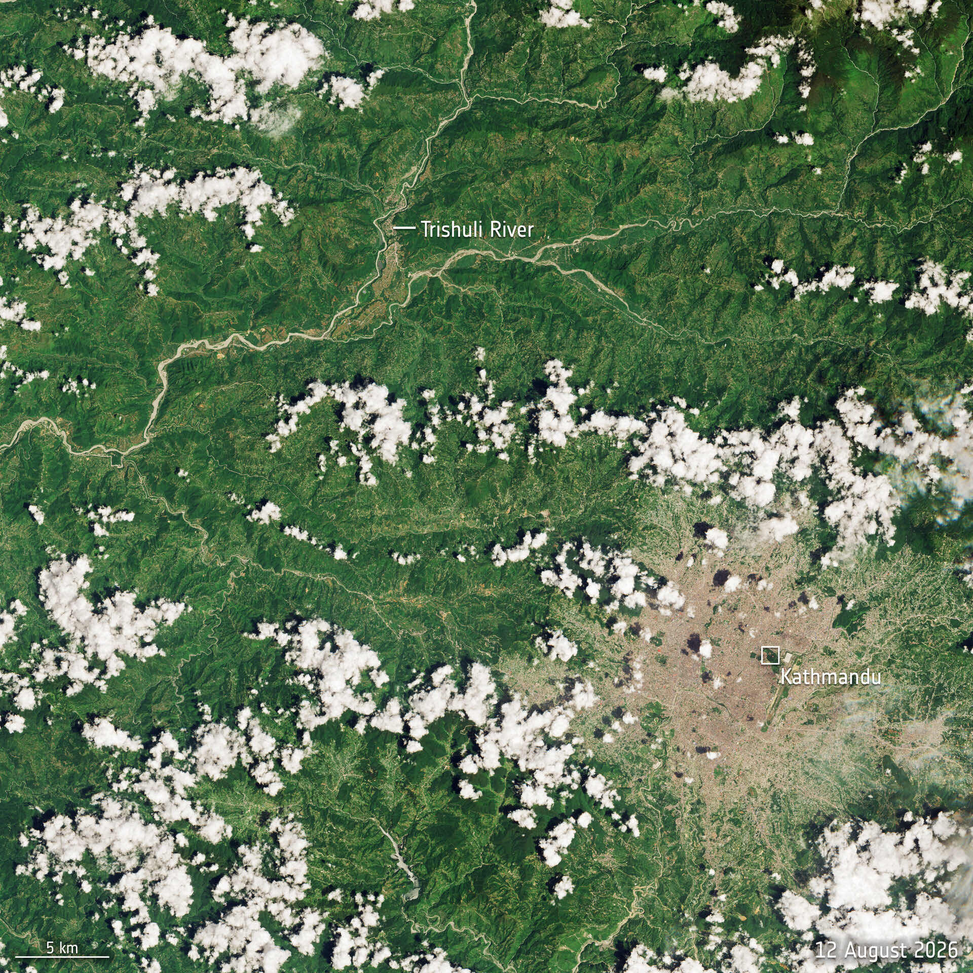 Before the flood: Sentinel-2 natural-colour view of the Trishuli River, 12 August 2026.