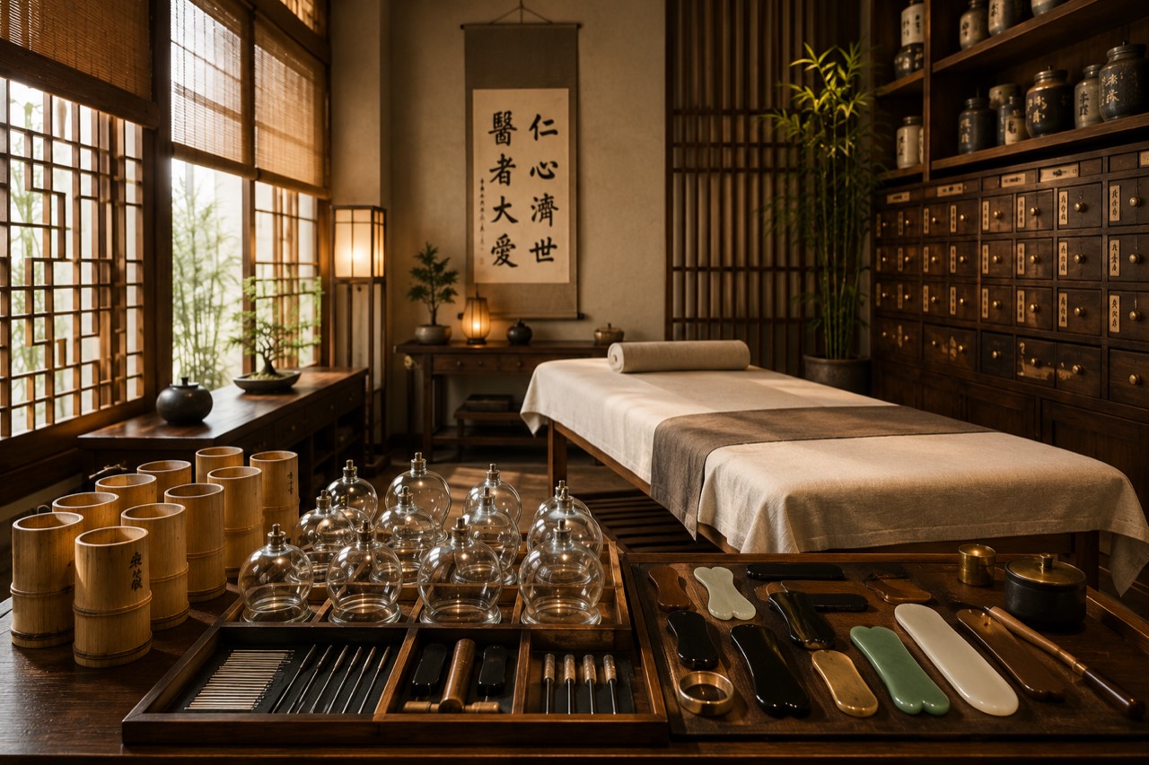 Eastern-informed therapy room with bamboo cups, glass cupping cups, gua sha tools, warm wood and traditional atmosphere