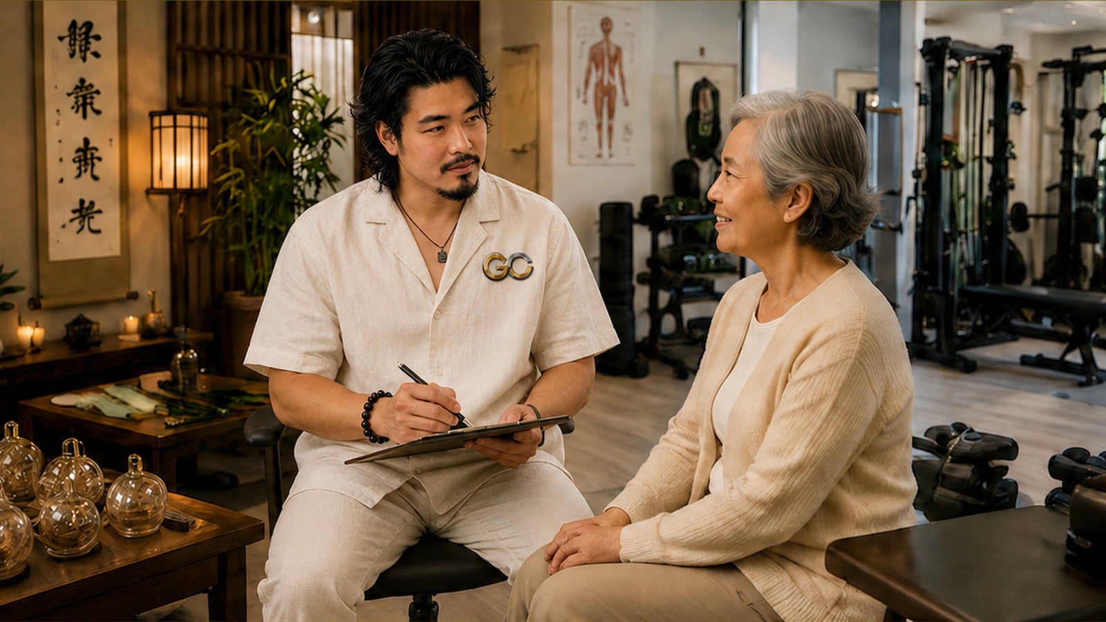 Gary Chen discussing care with an elderly Asian client in a clinic blending Eastern-informed tools and Western physiotherapy equipment