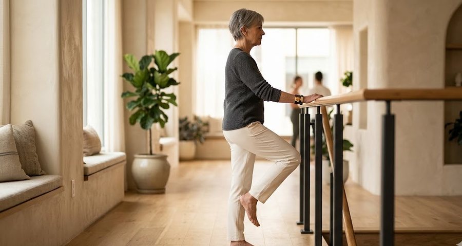 Older adult practicing supported single-leg balance at a rail, representing the Balance stage
