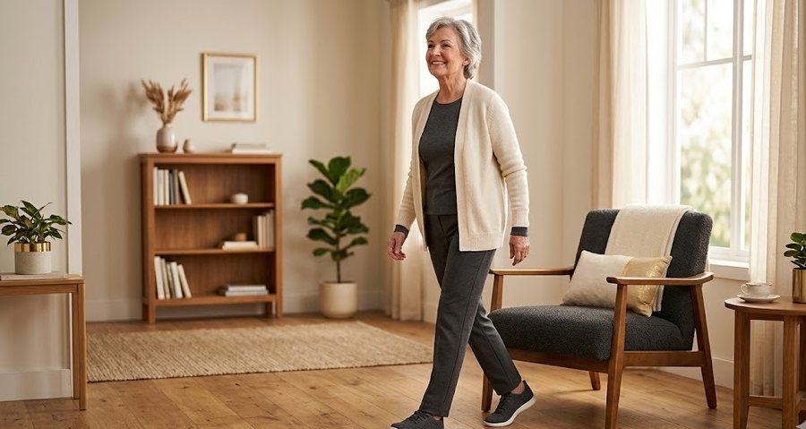 Older adult walking confidently through a calm room, representing the Integrate stage