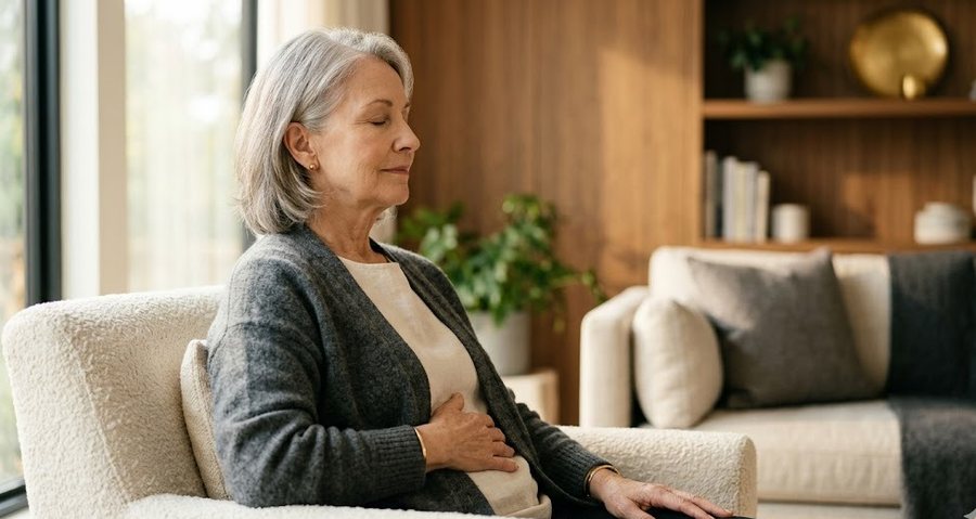 Older adult seated calmly with hand on abdomen, representing breath and body awareness in the Regulate stage