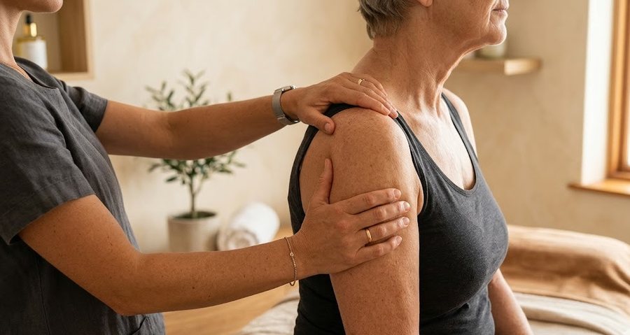 Gentle hands-on shoulder support in a warm clinical room, representing the Release stage