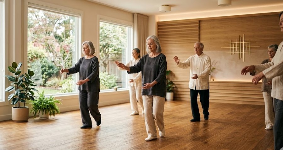 Older adults practicing gentle Tai Chi and Qigong-informed therapeutic movement in a warm studio