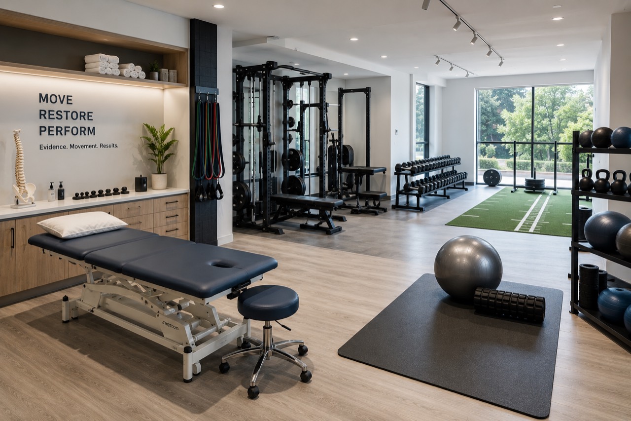 Western physiotherapy clinic with resistance bands, dumbbells, strength equipment, balance tools, treatment table and anatomy model