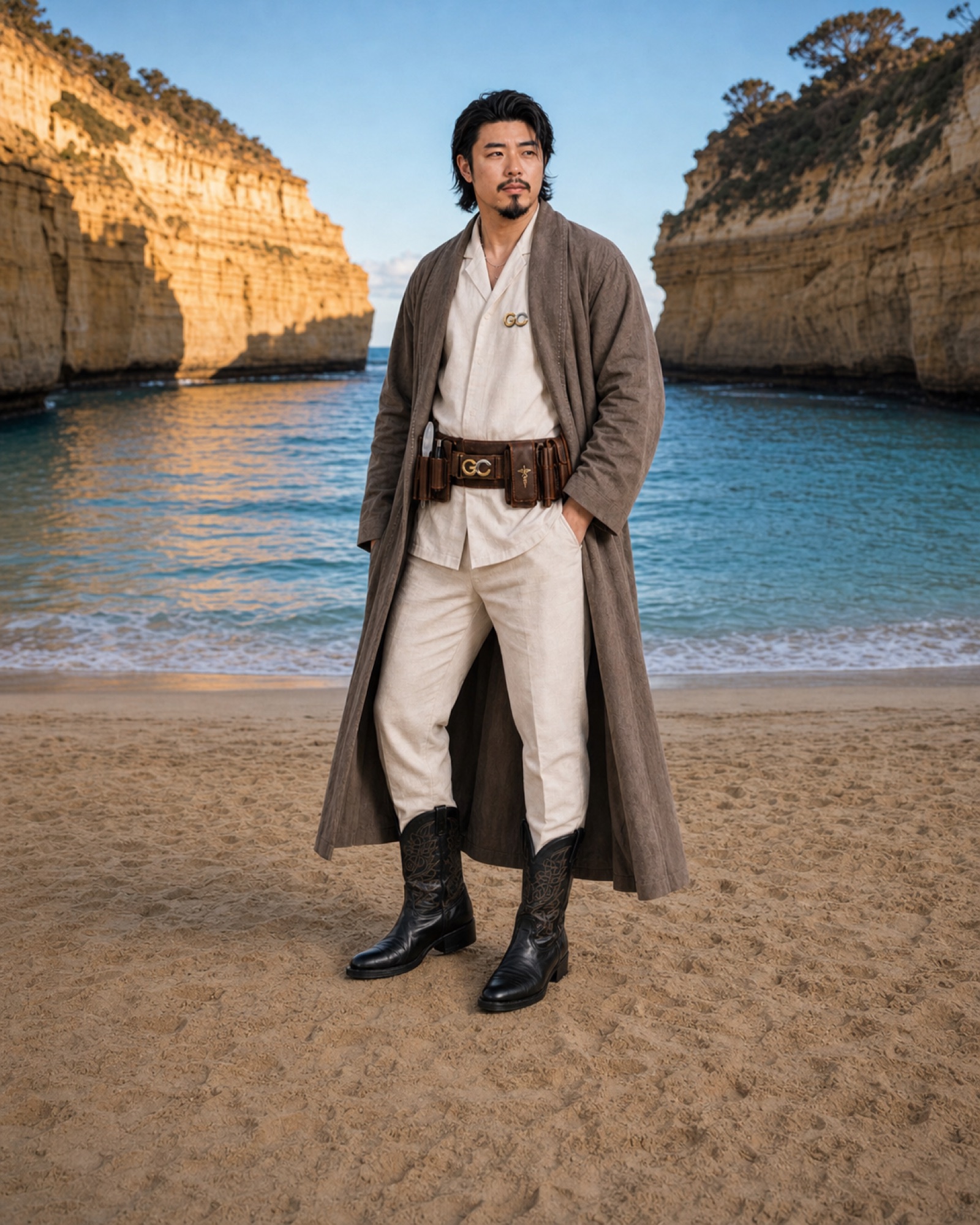 Gary Chen standing on the coast in the GC Integrative wardrobe
