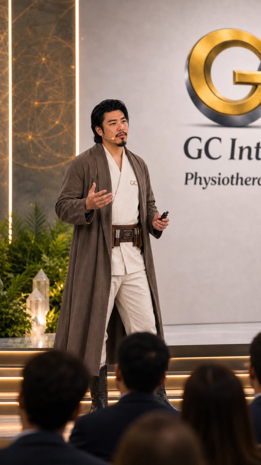 Gary Chen speaking on stage at a GC Integrative event