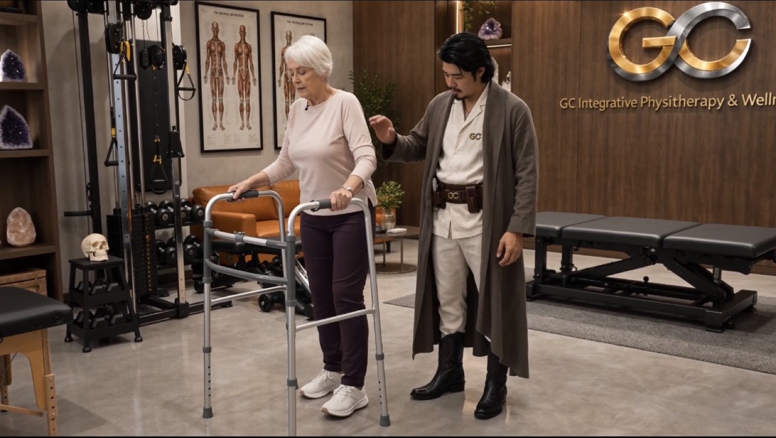 Gary Chen supporting an older adult with a walker, balance and gait practice in the GC Integrative studio