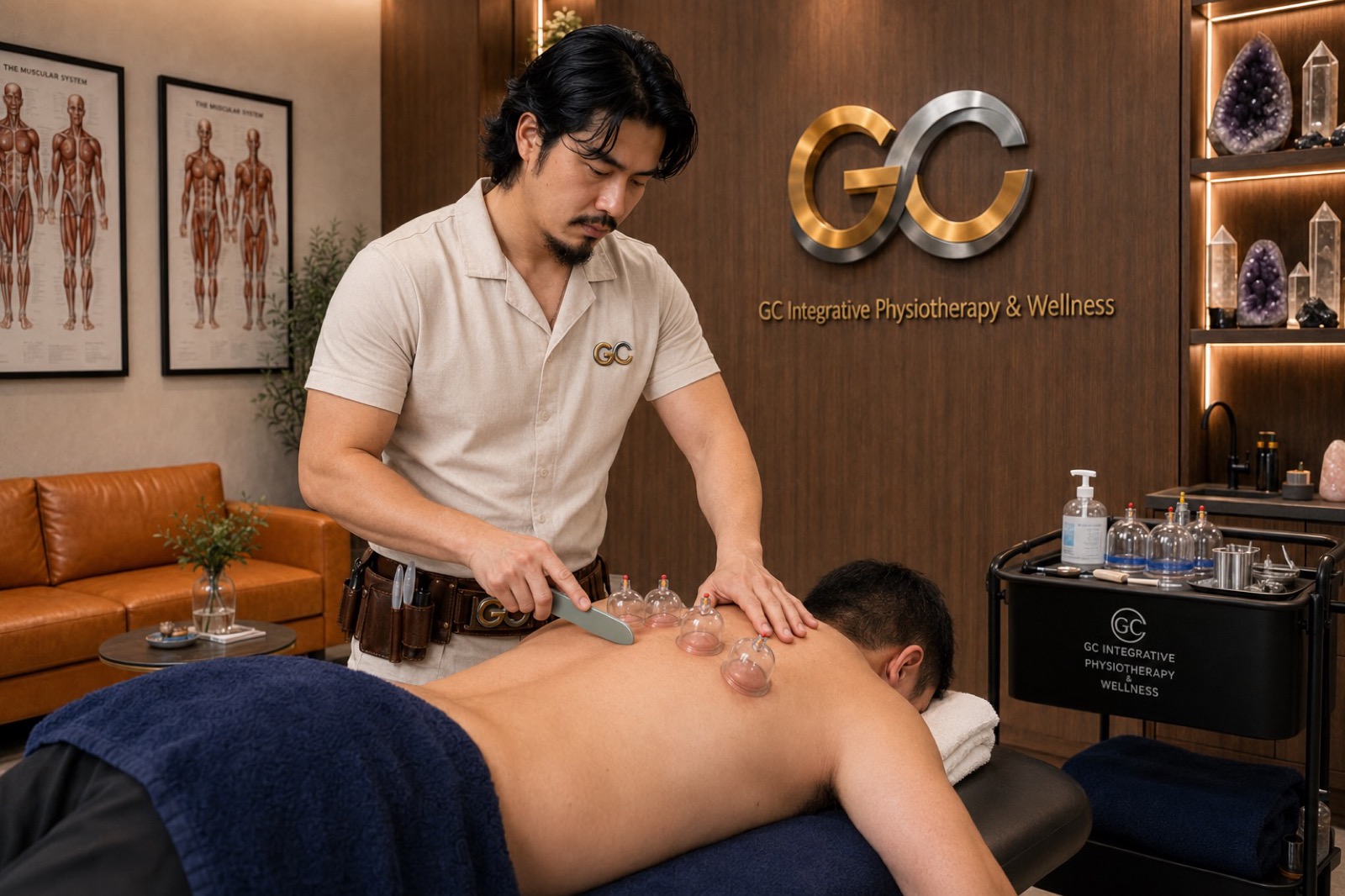 Gary Chen providing hands-on cupping therapy for persistent pain in the GC Integrative studio
