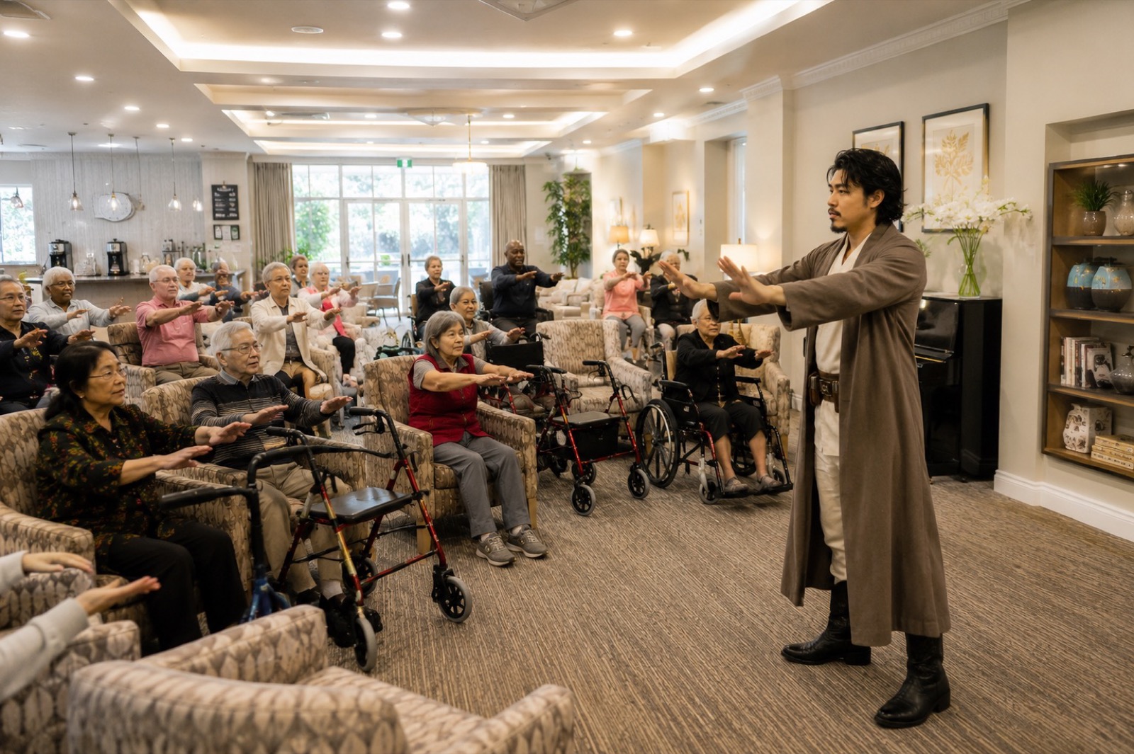 Gary Chen leading a Physio-Qi group movement session for older adults