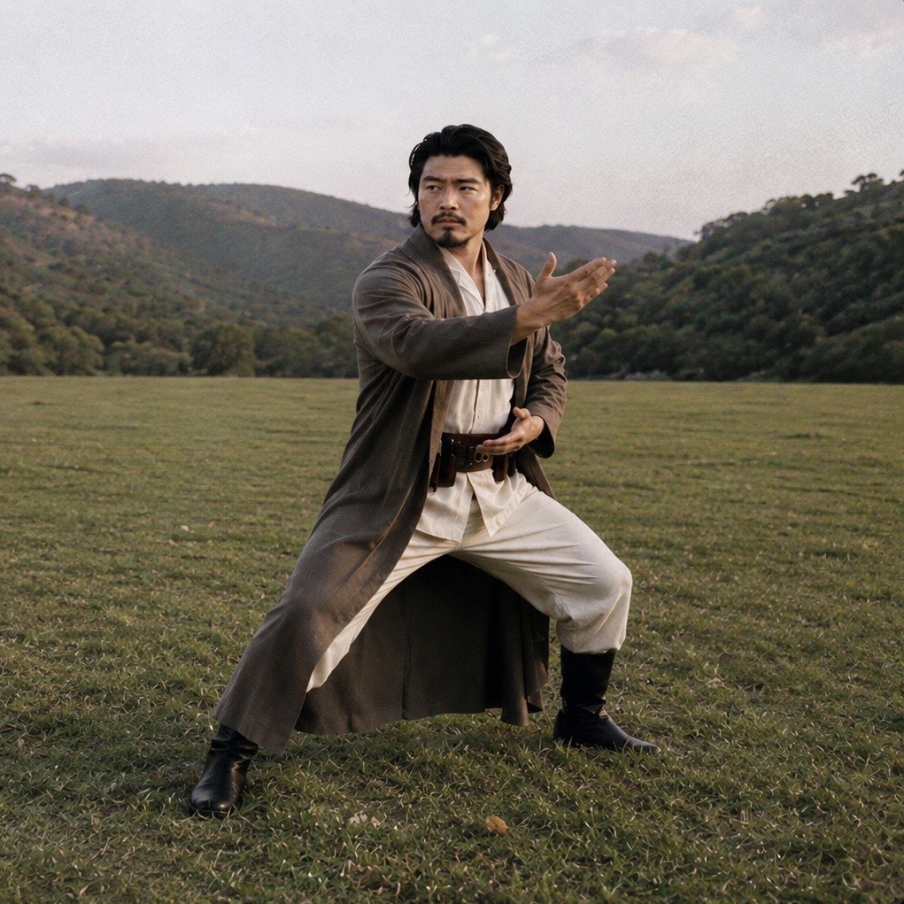 Gary Chen practising a balanced movement form on open grass