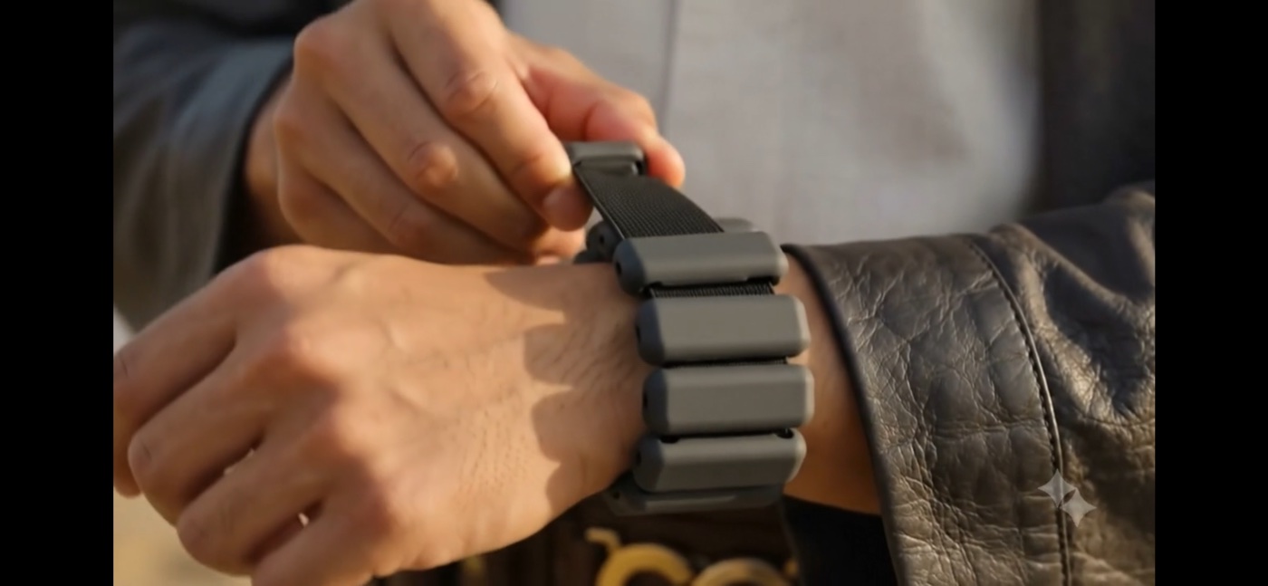 A light wearable wrist weight being fastened, used as a physiotherapist-guided clinical movement tool