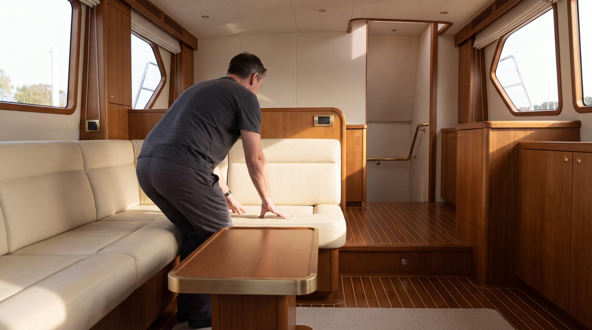 Illustrative before observation of a low yacht seat with support arriving after the demanding part of the transfer