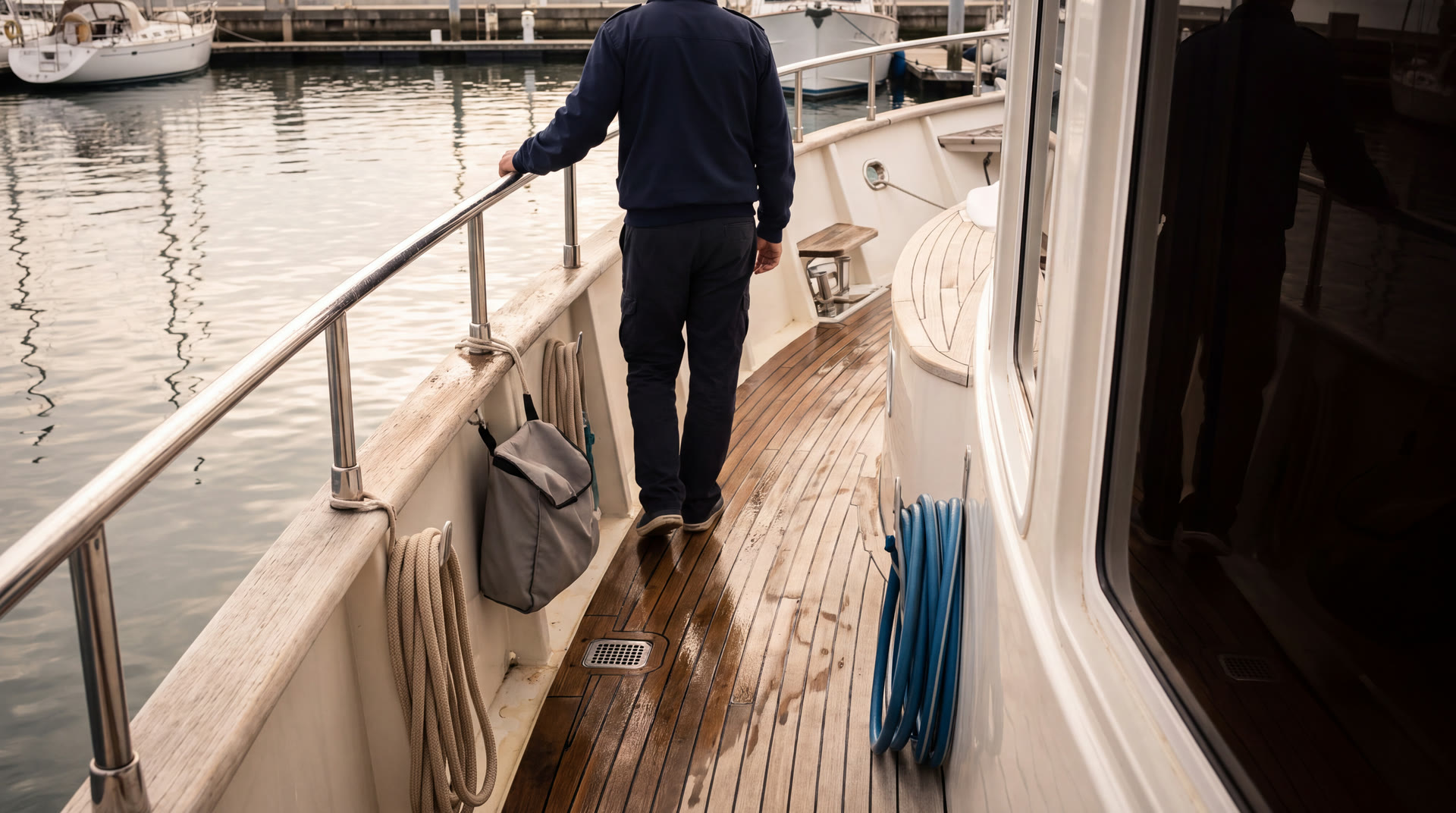 Illustrative before observation of a wet exterior yacht route narrowed by loose equipment