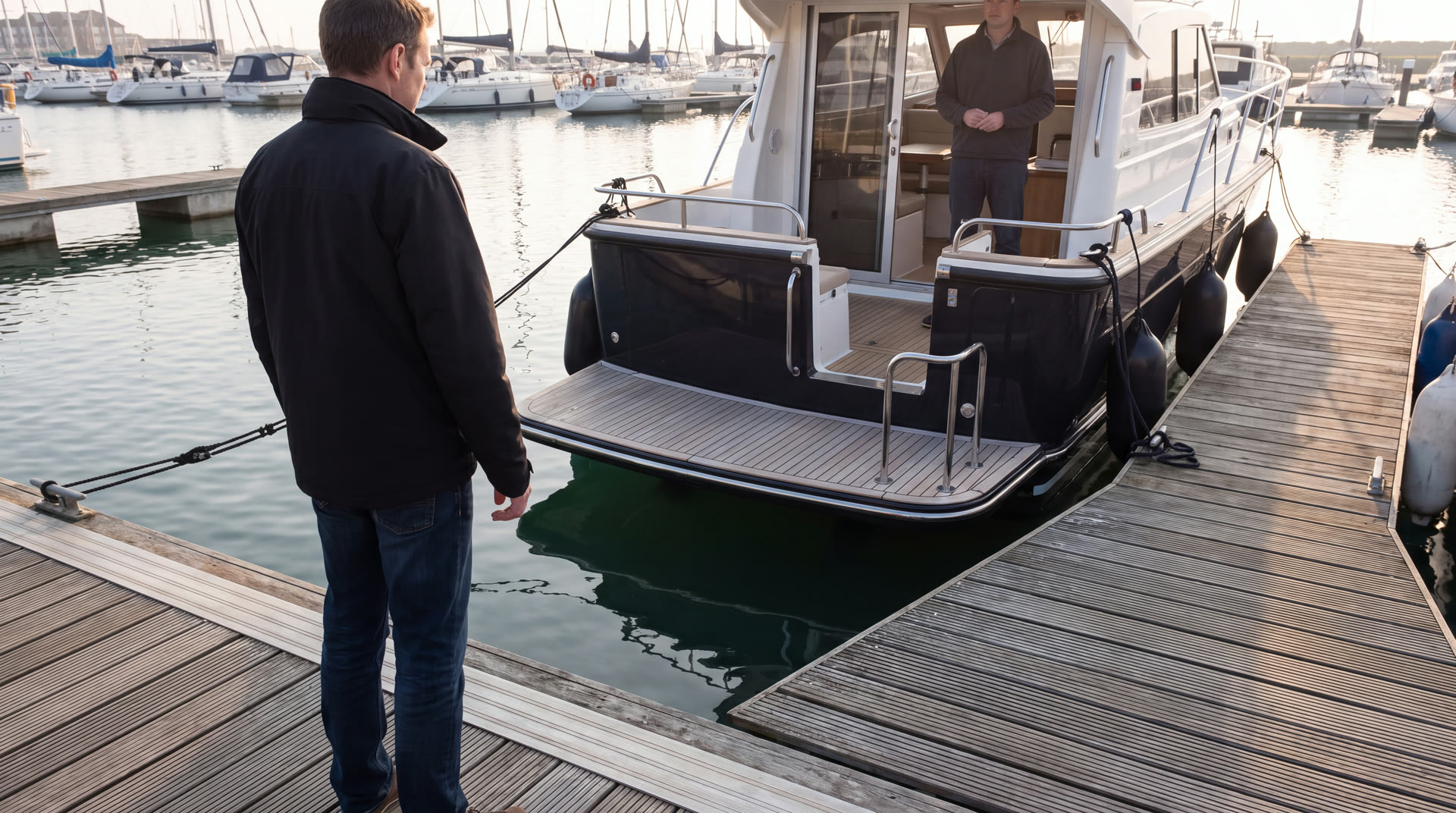 Illustrative compact-vessel route showing a pontoon-to-cockpit boarding gap