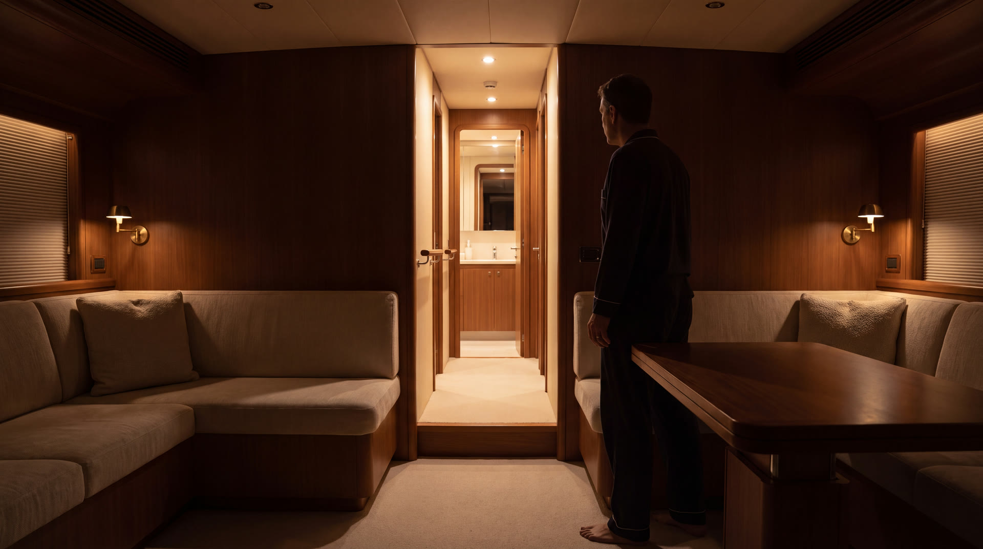Illustrative large-yacht interior route approaching a visible threshold at night